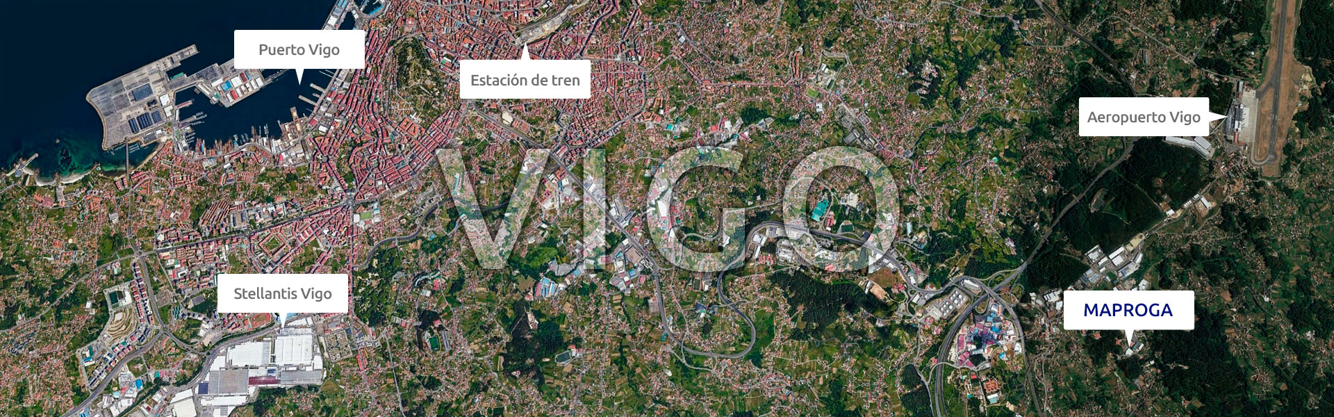 Imagen aérea con la localización de Maproga en Vigo